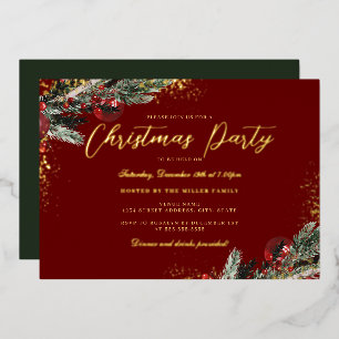 Gold Red Green Sparkle Foliage Christmas Party Foil Invitation