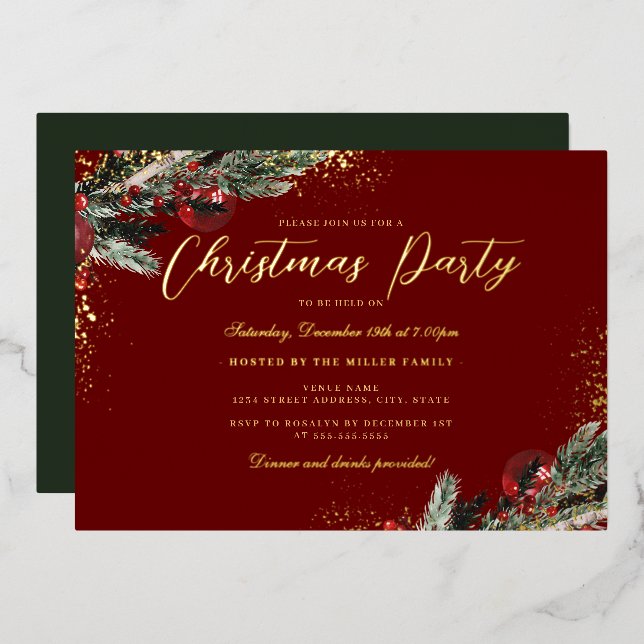 Gold Red Green Sparkle Foliage Christmas Party Foil Invitation (Front/Back)