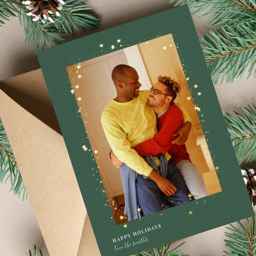 Gold red green Stars Frame Christmas Photo Foil Holiday Card