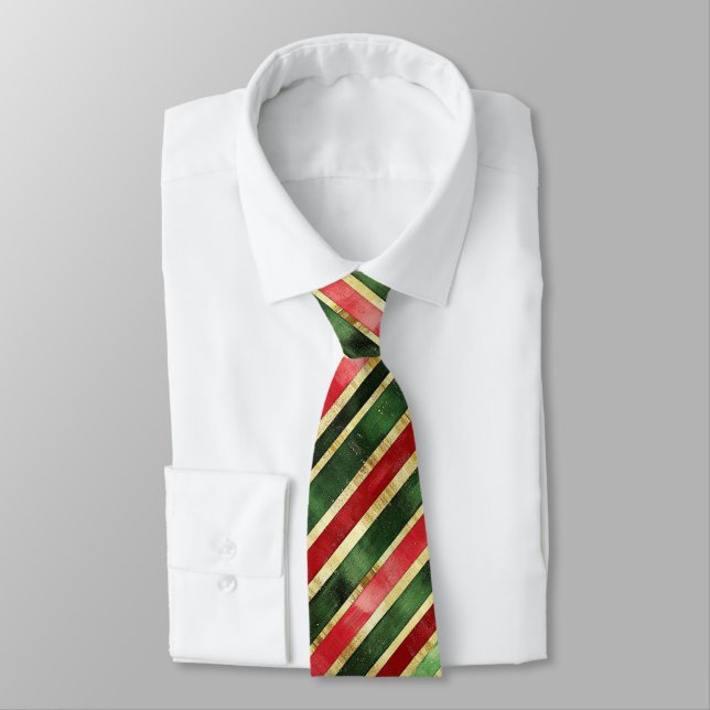 Gold Red Green Striped Christmas Neck Tie (Tied)