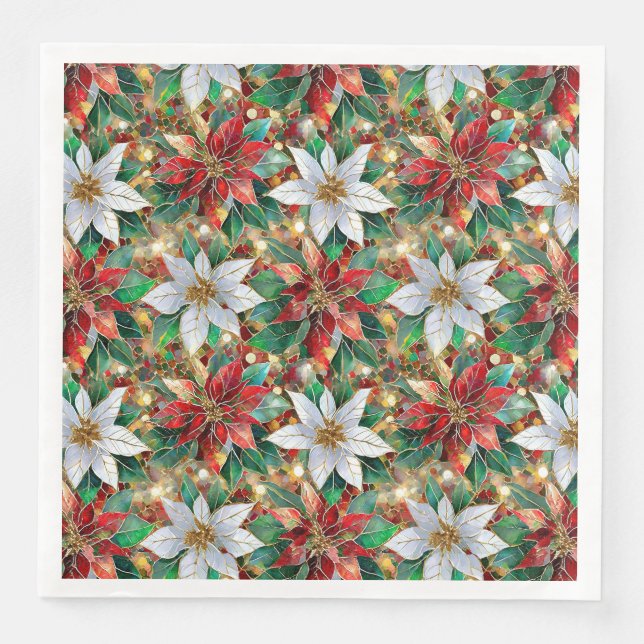 Gold Red Green White Poinsettia Paper Dinner Napkins (Front)