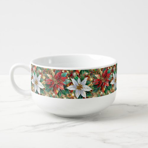 Gold Red Green White Poinsettia Soup Mug