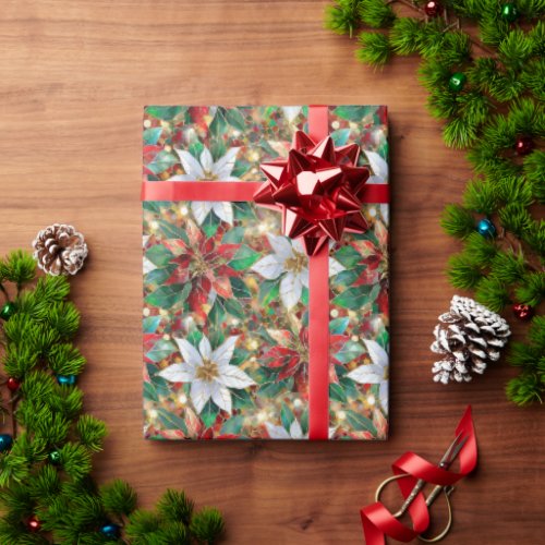 Gold Red Green White Poinsettia Wrapping Paper