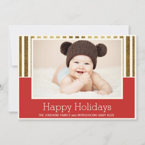 Gold Red Happy Holidays Photo Baby Announcement