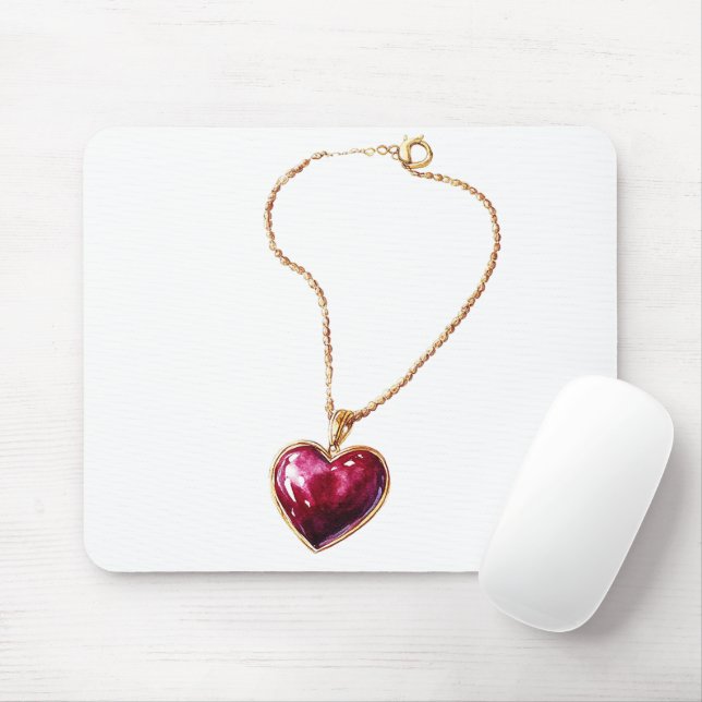 Gold Red Heart Necklace Mouse Pad (With Mouse)