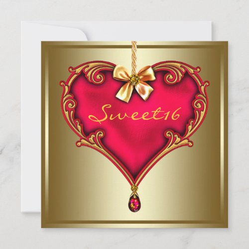 Gold Red Heart Sweet 16 Birthday Party Invitation