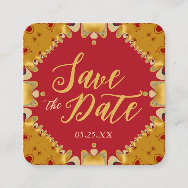 Gold & Red Hearts Save the Date Cards (Front)