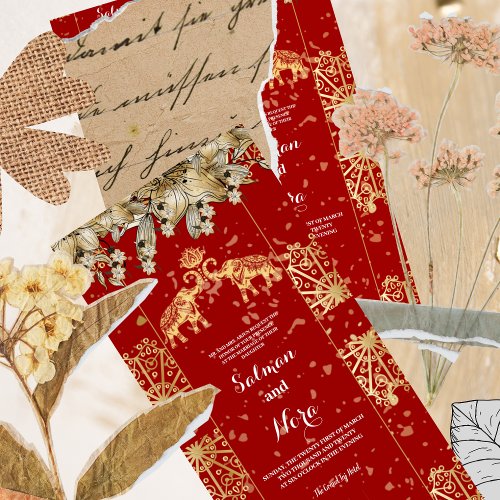 Gold RED Henna  Elephants Indian Wedding  invite