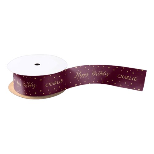 Gold  Red Hexagon Confetti Happy Birthday Name Satin Ribbon