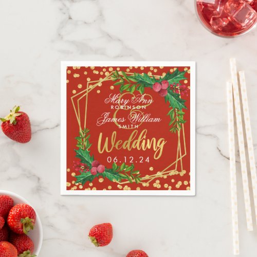 Gold Red Holiday Christmas Wedding Party Holly Napkins