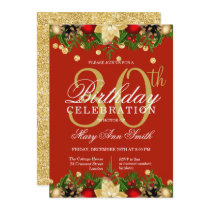 Gold & Red Holiday Glitter 30th Birthday Party Invitation
