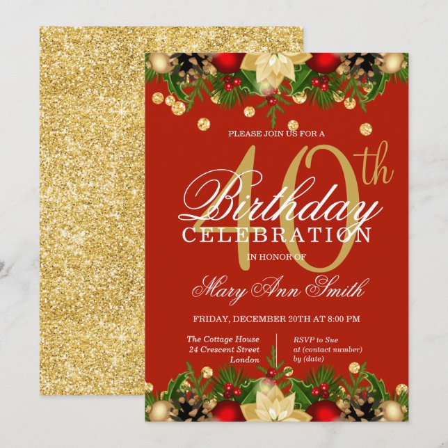 Gold & Red Holiday Glitter 40th Birthday Party Invitation (Front/Back)