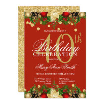 Gold & Red Holiday Glitter 40th Birthday Party Invitation