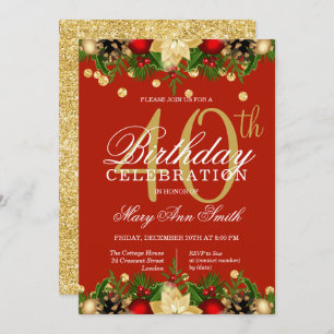 Gold & Red Holiday Glitter 40th Birthday Party Invitation
