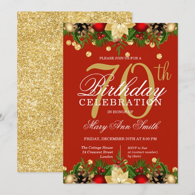 Gold & Red Holiday Glitter 70th Birthday Party Invitation (Front/Back)