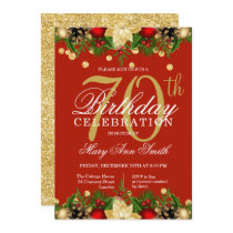 Gold & Red Holiday Glitter 70th Birthday Party Invitation