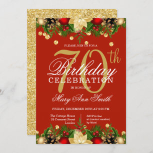 Gold & Red Holiday Glitter 70th Birthday Party Invitation