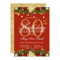 Gold & Red Holiday Glitter 80th Birthday Party  Invitation