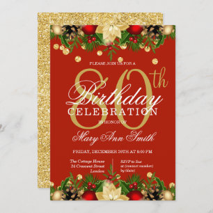 Gold & Red Holiday Glitter 80th Birthday Party Invitation