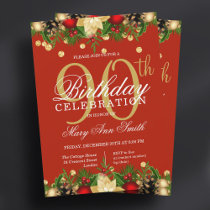 Gold & Red Holiday Glitter 90th Birthday Party Invitation