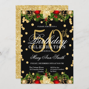 Gold & Red Holiday Glitter Glam 50th Birthday Invitation
