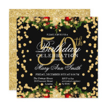 Gold & Red Holiday Glitter Glam 50th Birthday  Invitation