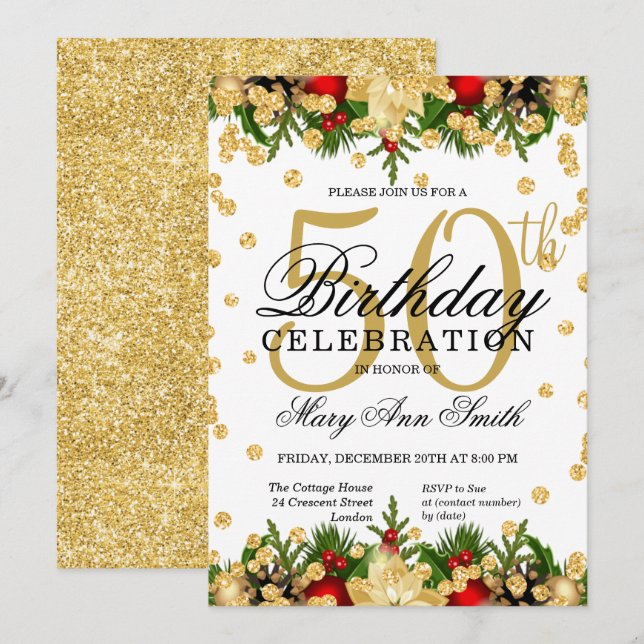 Gold & Red Holiday Glitter Glam 50th Birthday Invitation (Front/Back)