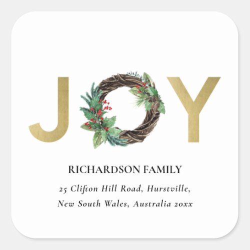 GOLD RED HOLLY BERRY JOY WREATH CHRISTMAS ADDRESS SQUARE STICKER