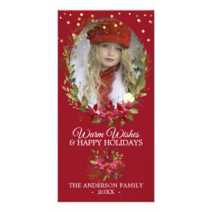 Gold Red Holly Poinsettia Wreath Holidays PHOTO Card