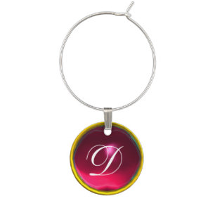 GOLD RED HOT PINK RUBY GEM MONOGRAM WINE GLASS CHARM
