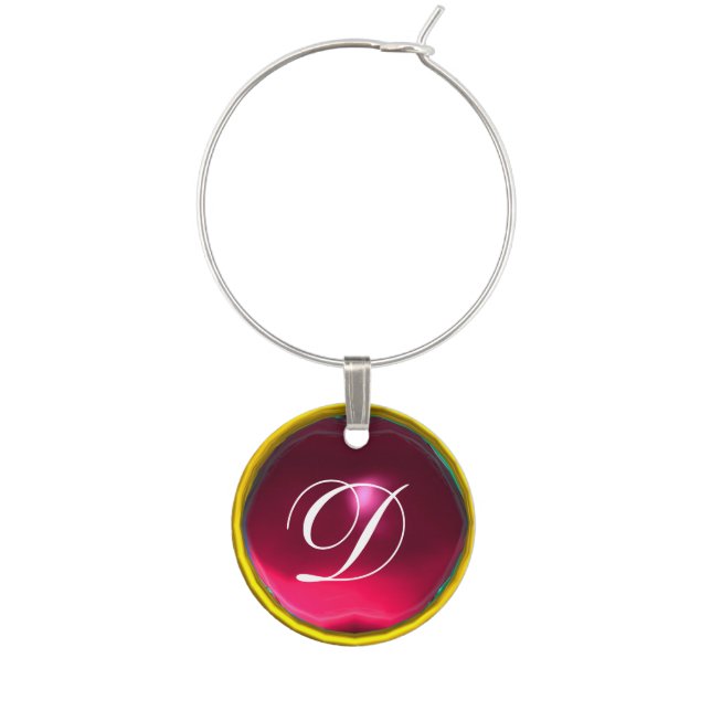 GOLD RED HOT PINK RUBY GEM MONOGRAM WINE GLASS CHARM (Front)