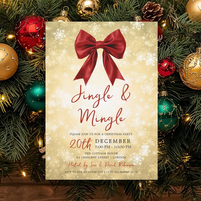 Gold Red Jingle Mingle Christmas Party Bow & Snow  Invitation (Gold Red Jingle Mingle Christmas Party Bow & Snow Invitation)