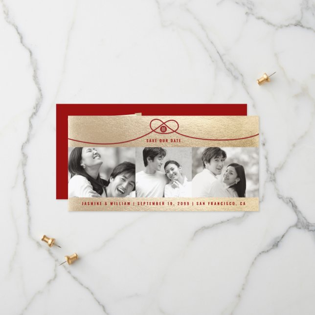 Gold & Red Knot Double Happiness 3 Photo Chinese Save The Date (Front/Back In Situ)