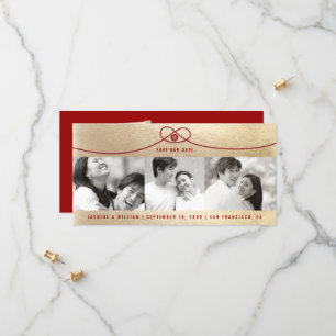 Gold & Red Knot Double Happiness 3 Photo Chinese Save The Date