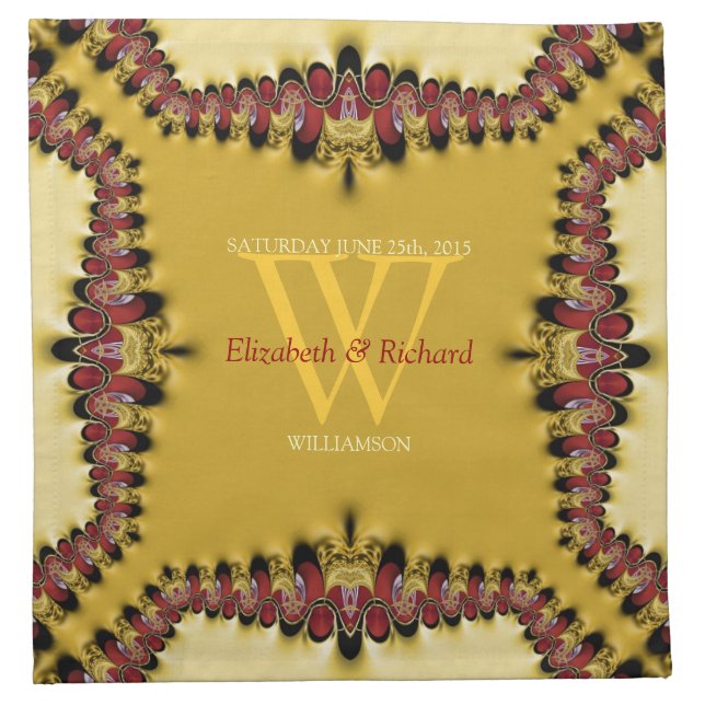 Gold Red Lace Monogram Wedding Napkin (Front)