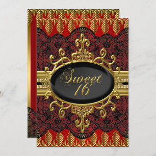 Gold Red Leaf Lace Sweet 16 Party Invite