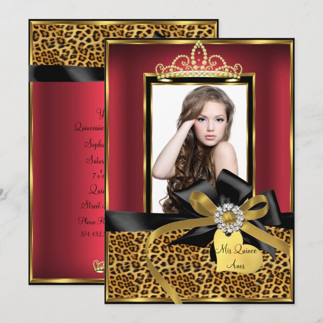 Gold Red Leopard Print & Bow Photo Quinceanera Invitation (Front/Back)