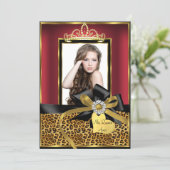 Gold Red Leopard Print & Bow Photo Quinceanera Invitation (Standing Front)