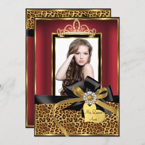 Gold Red Leopard Print  Bow Photo Quinceanera Invitation