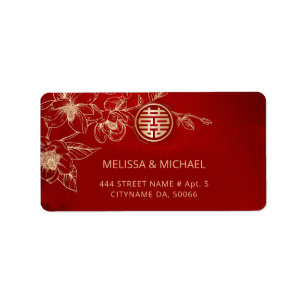 Gold Red Magnolia Chinese Wedding Label