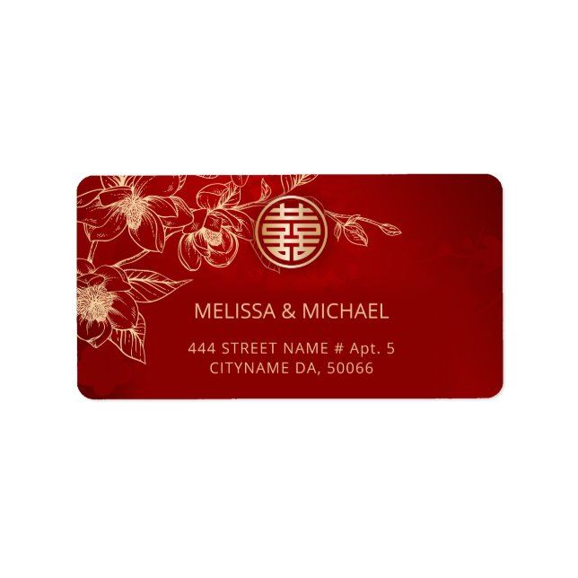 Gold Red Magnolia Chinese Wedding Label (Front)