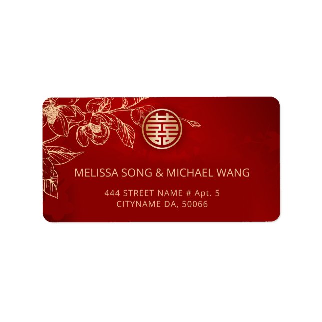 Gold Red Magnolia Chinese Wedding Label (Front)