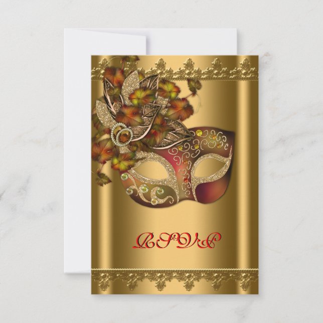 Gold Red Mask Gold Red Masquerade Party RSVP Card (Front)