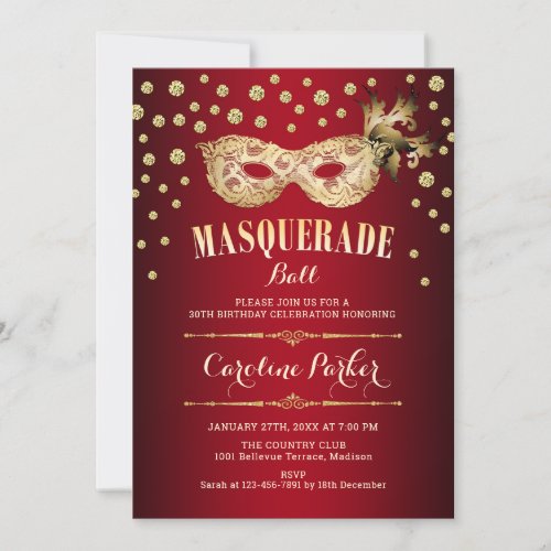 Gold Red Masquerade Ball Birthday Party Invitation