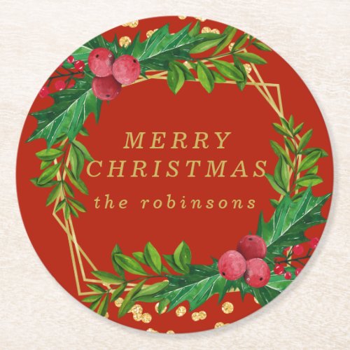 Gold Red Merry Christmas Party Holly Glitter Round Paper Coaster