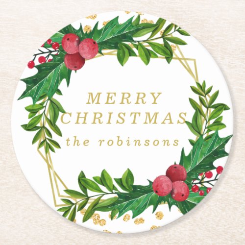 Gold Red Merry Christmas Party Holly Glitter Round Paper Coaster