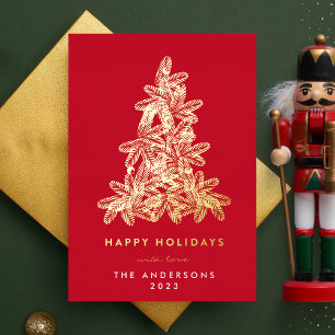 Gold & Red Merry Christmas Pine Tree Happy Foil Holiday Card