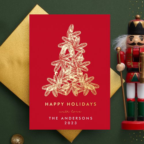 Gold  Red Merry Christmas Pine Tree Happy Foil Holiday Card