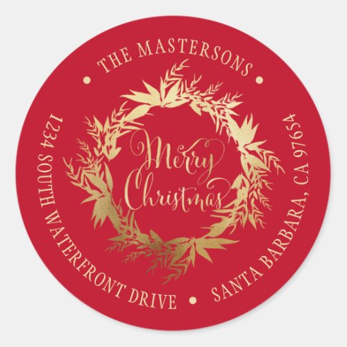 Gold Red Merry Christmas Wreath Return Address Classic Round Sticker
