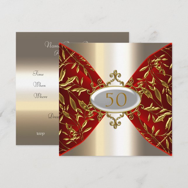 Gold Red Metal look Birthday Anniversary Invitation (Front/Back)